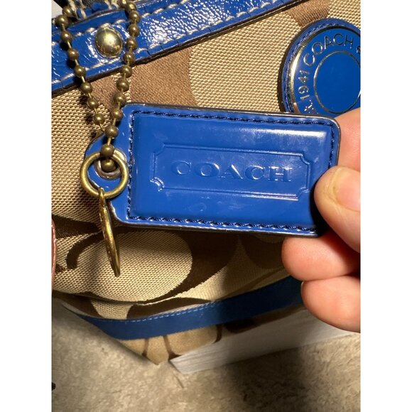 Coach Purse Khaki Signature Blue Stripe Top Zip Tote Shoulder Bag F19046 - Picture 11 of 16